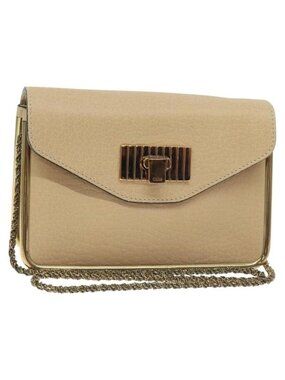 Authentic Chloe Chain Sally Shoulder Bag Leather Beige Gold